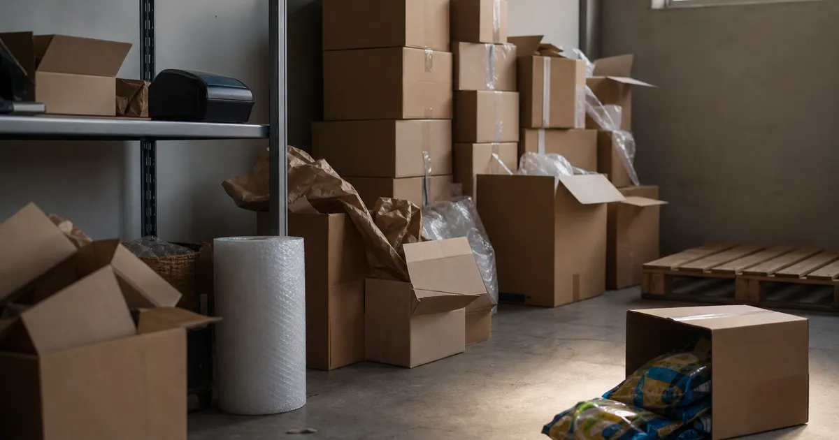 Övergivet lager med obehandlade paket hos en nedlagd e-handelsbutik