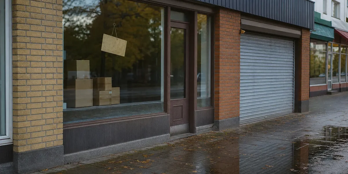Tomt butikslokal med stängd rullgaller i en svensk stadskärna